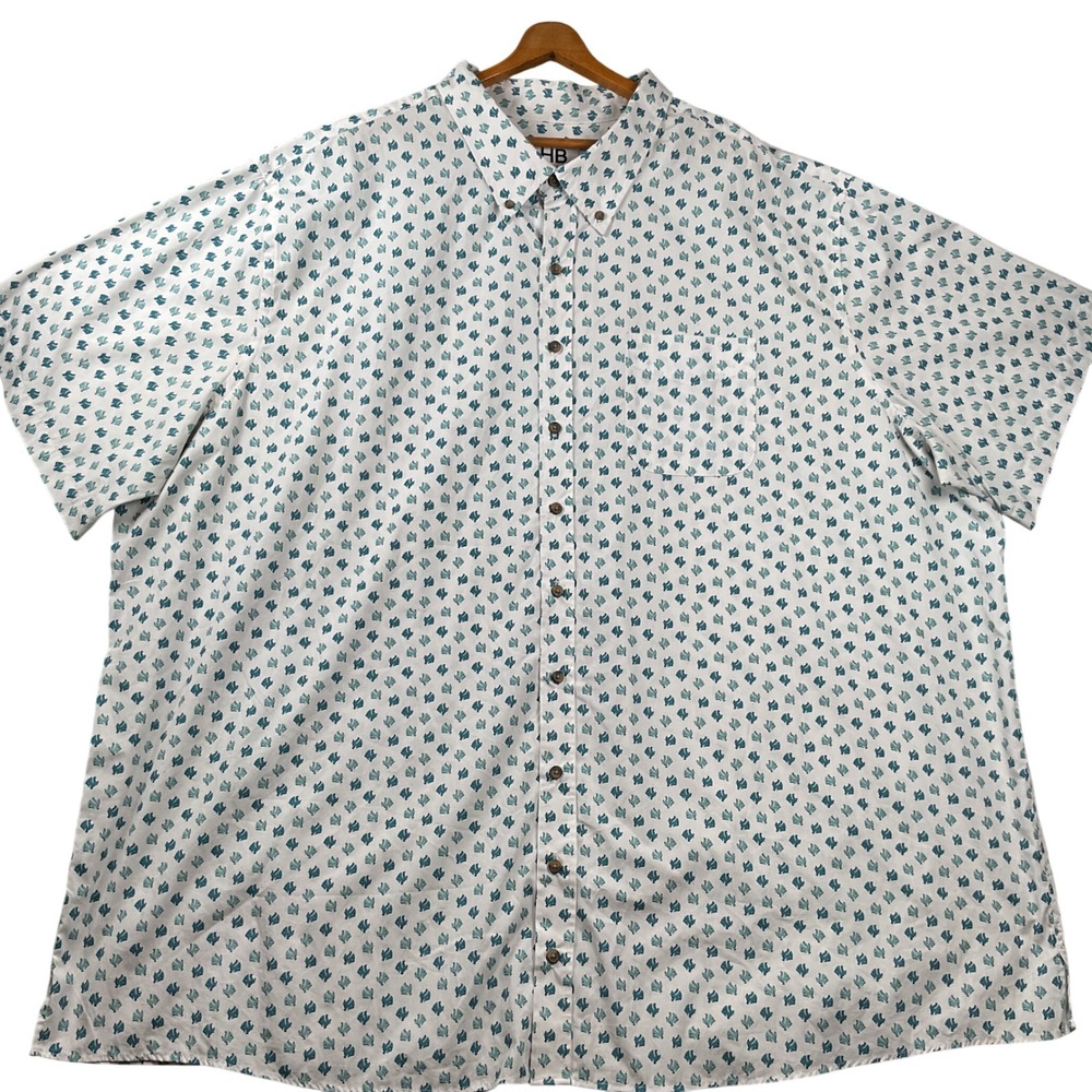 HB Button Down Shirt Mens 4XLT White Teal Fish Print Short Sleeve Cotton Blend